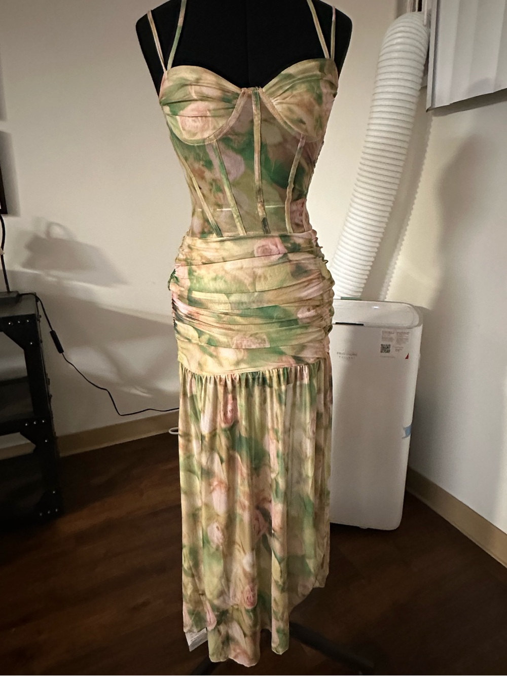 New Floral Ruched Maxi Skirt - Pastel Green & Pink